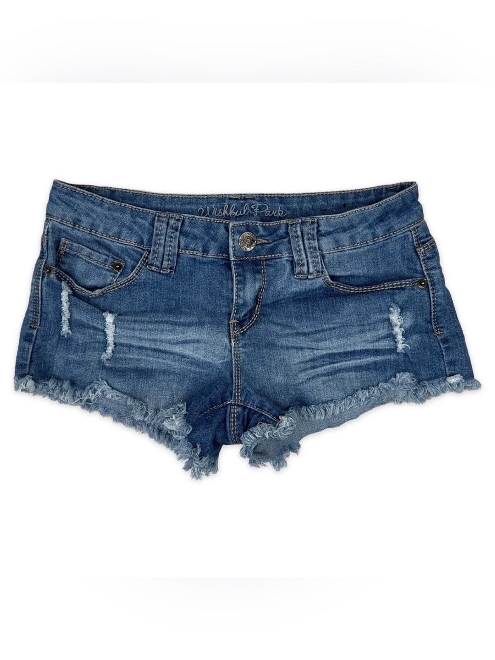 Wishful Denim Shorts Womens Junior Size 7 Blue Frayed Hem Distressed Short